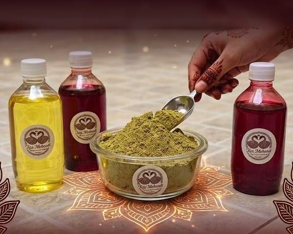 Homemade henna products: a glass bowl of pure henna powder with a scoop, between bottles of enhancer oils, with a henna-decorated hand reaching in