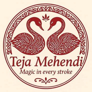 Teja Mehendi logo: two swans facing each other, Magic in every stroke